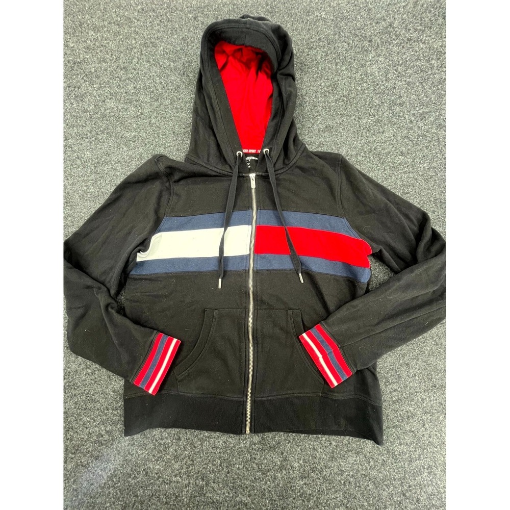 Tommy Hilfiger Y2K Sport Hoodie Womens XL Black Colorblock Full Zip Streetwear